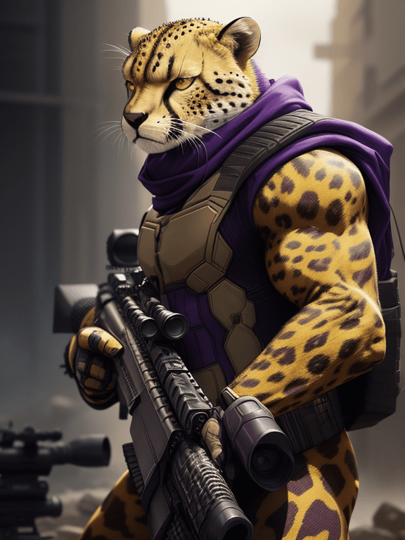 AI generated: Clever thanos cheetah wearing camouflage and sniper gear, holding a sniper rifle, anthropomorphic, s...