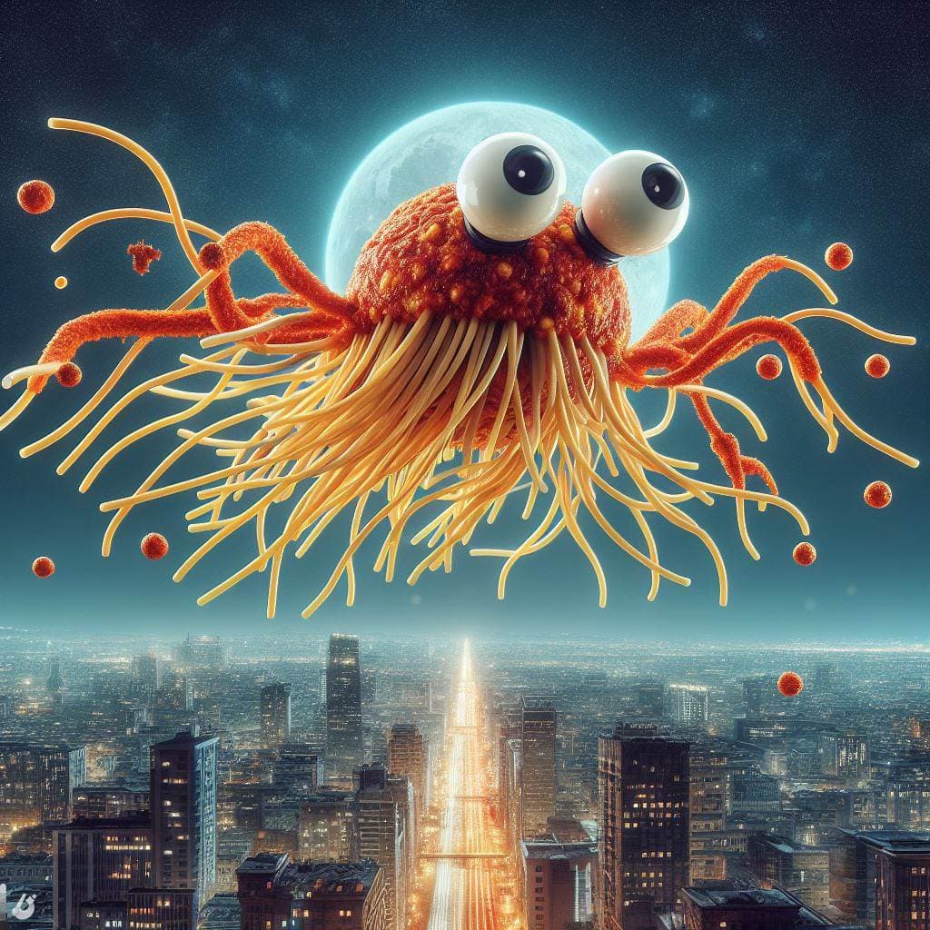 AI generated: Flying spaghettis monster