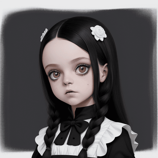 AI generated: um desenho em preto e branco de Wednesday Addams com as seguintes características:

- Ela está usand...