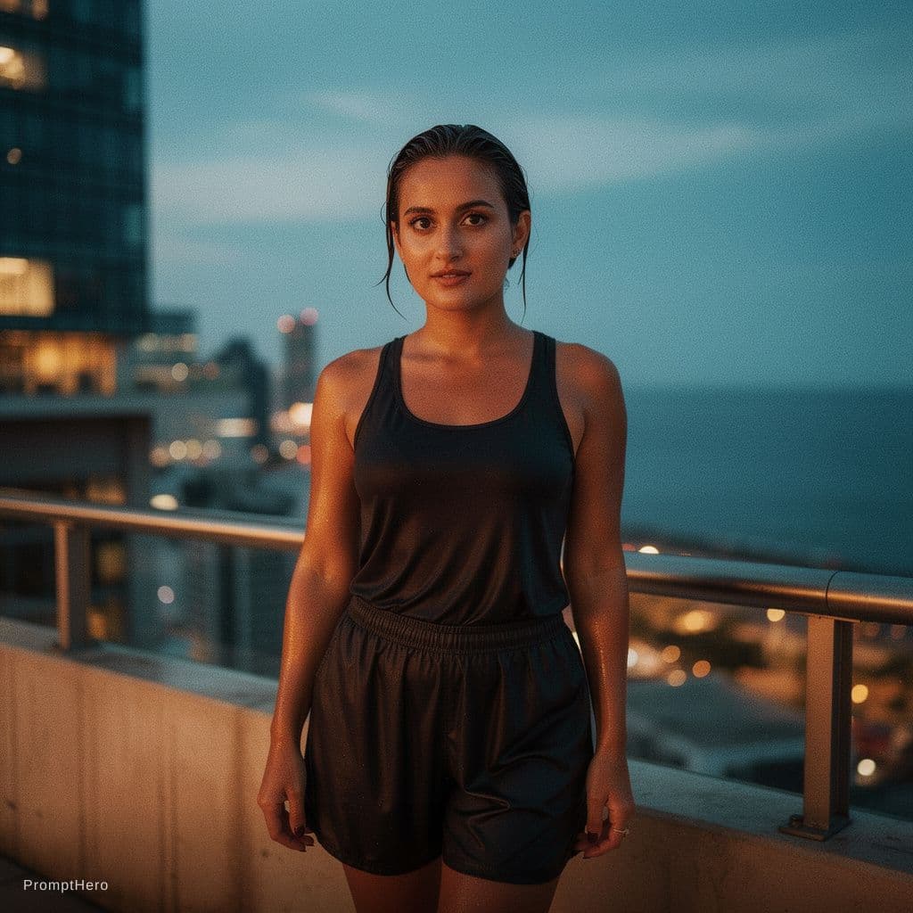 AI generated: A documentary style photograph of a young female on a high balcony just after swimming. Her long dar...