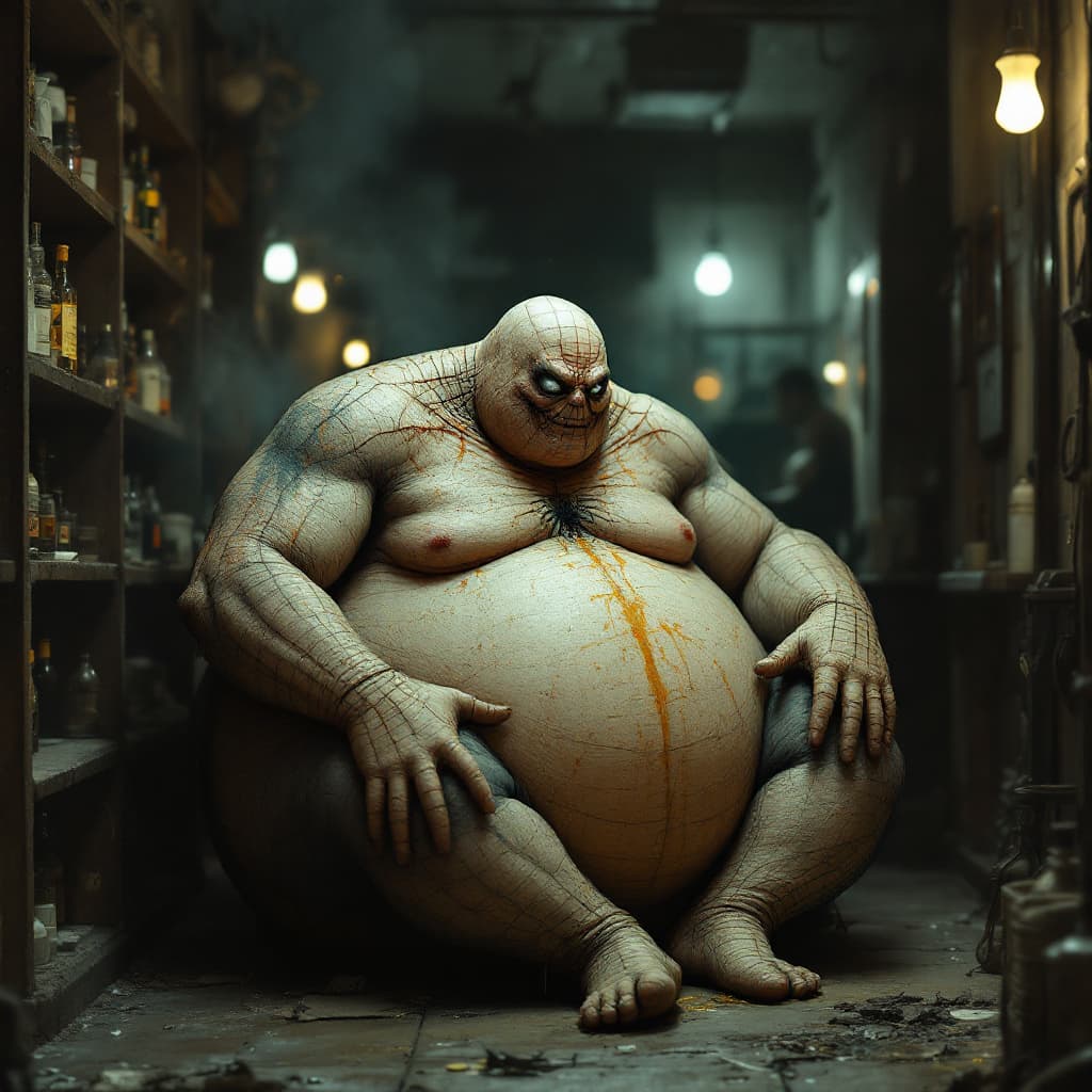 AI generated: lonley, fat  spiderman, costume old, mold humid, drinking bar scotch, front view
