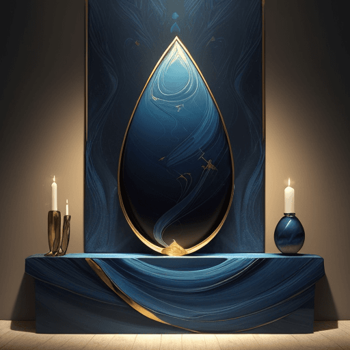 AI generated: new art : a teardrop-shaped treasure on a altar with a dark background and blue reflections.  satara...