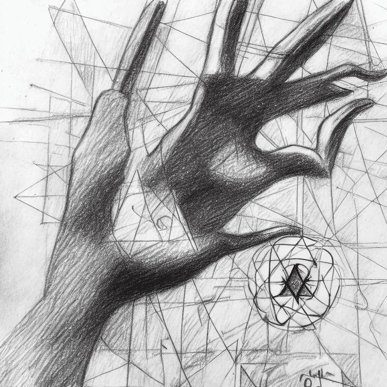 AI generated: pencil illustration, paranoid, annotated, messy, disorganized, mystical symbol, hand with the eye in...