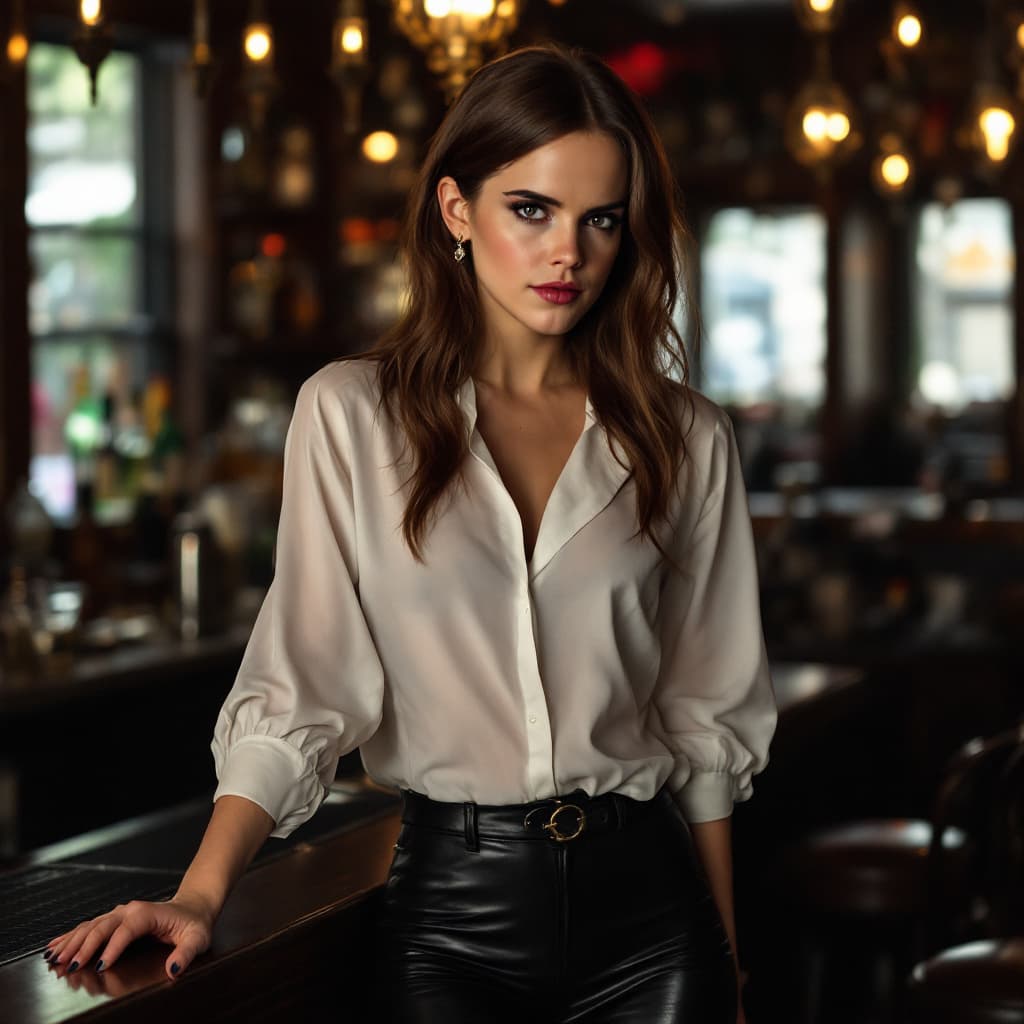 AI generated: Full body picture of Emma Watson in a white blouse, shiny black leggings and high heels. She is stan...
