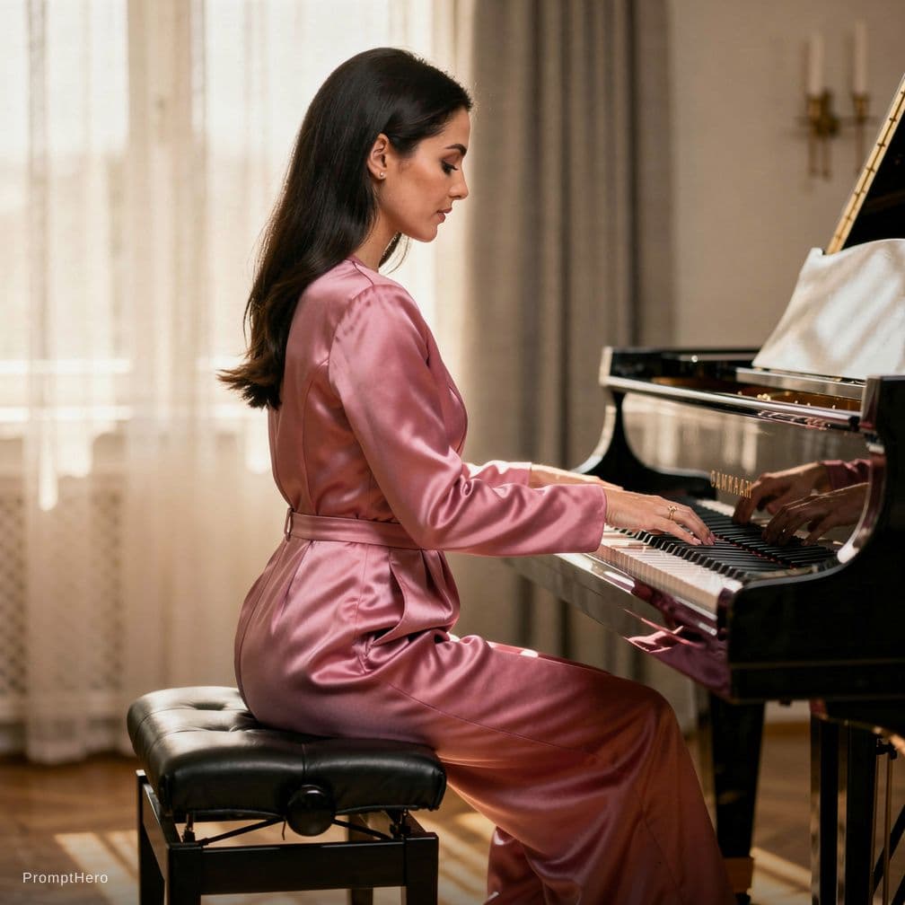 AI generated: She sits on a sleek, black piano bench, her body turned slightly to the side, showcasing the dramati...