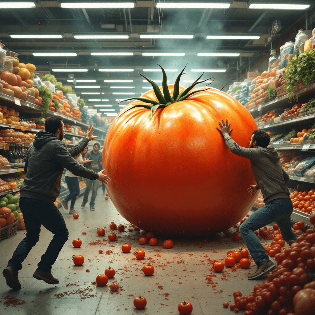 AI generated: a giant tomato on the ground attacking people in  store ,  the customers are terrified and running a...