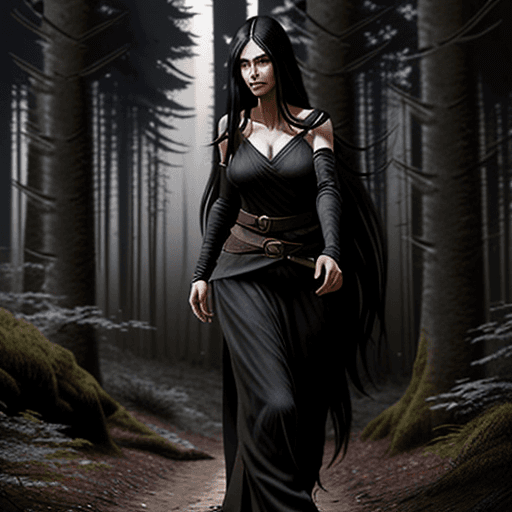 AI generated: realistic woman walking in a forest in the twilight, the woman has long dark hair, and dress like a ...