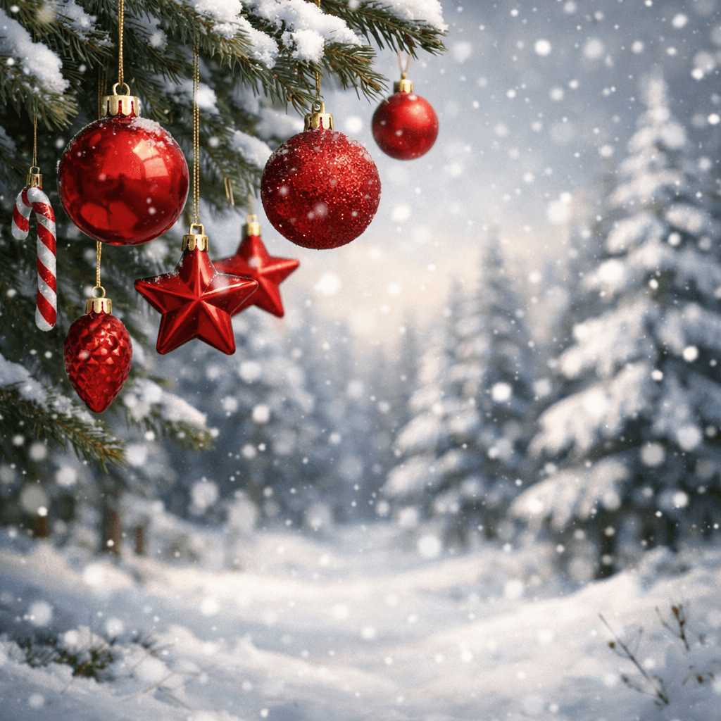 AI generated: christmas background with red christmas ornaments hanging on the tree, snow falling in a blurred for...