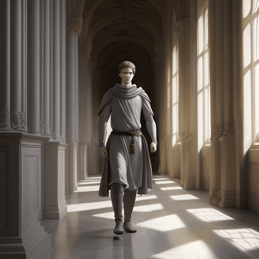 AI generated: Medieval Setting: a 25-year-old light-faced man dressed in a grey tunic, in the hall of the palace, ...