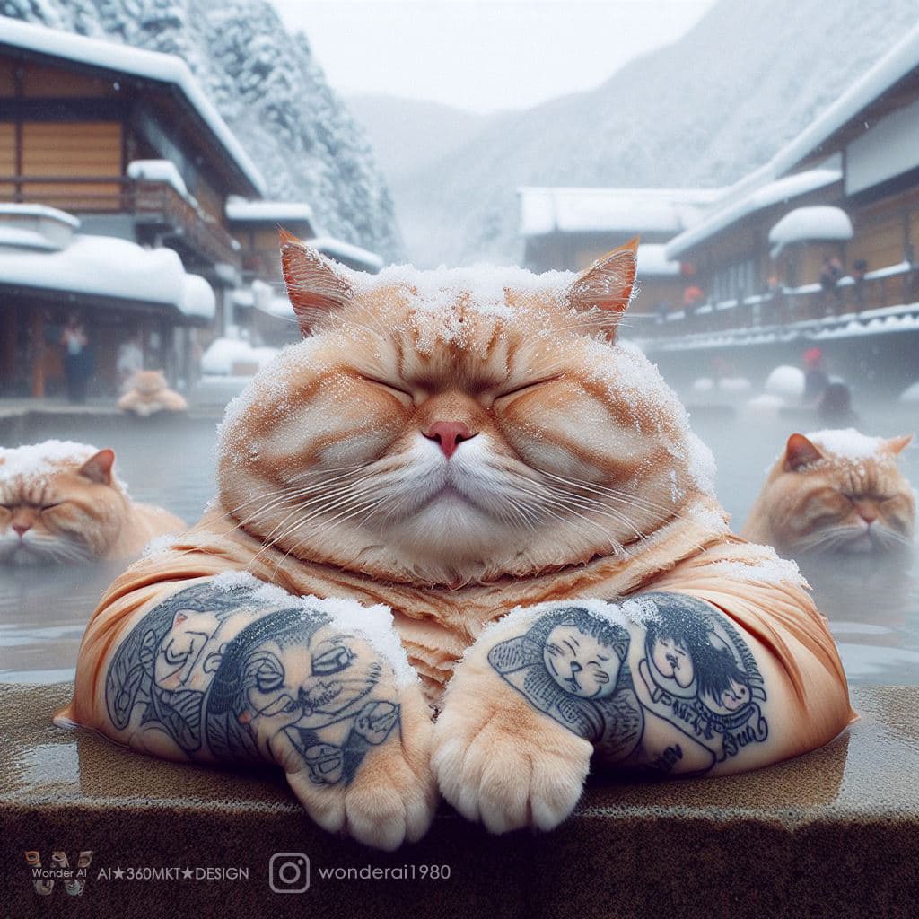 AI generated: Real adorable chubby cat with tattoos, enjoying snowy weather, sippingsake, soaking in a hot spring,...