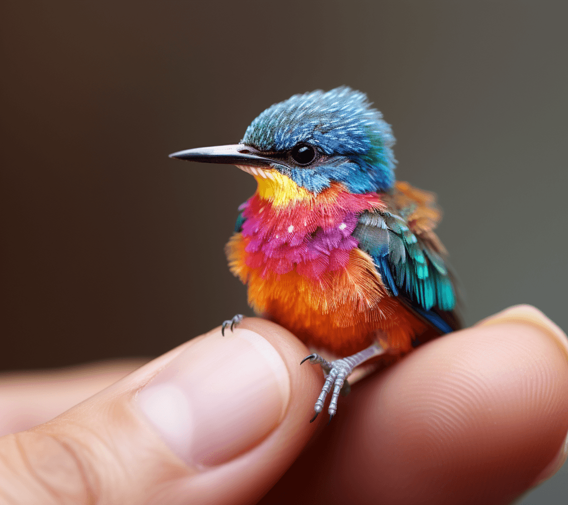 AI generated: a bird that is sitting on someone's finger, in the style of cute and colorful, mesmerizing optical i...