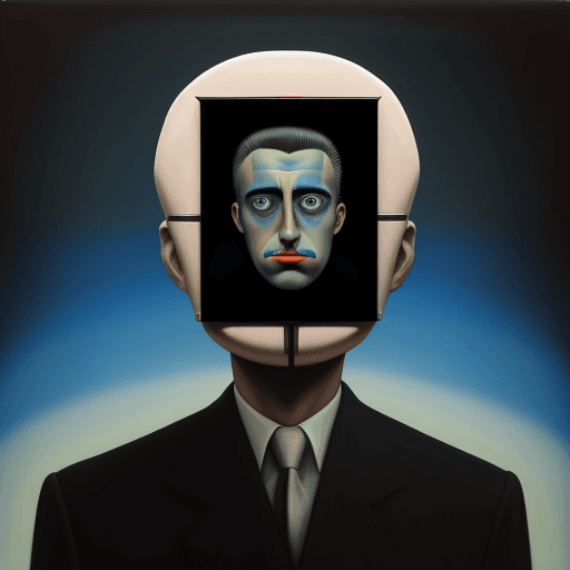 AI generated: a surrealist painting of a man who has a television for a head and on the tv screen is his head.