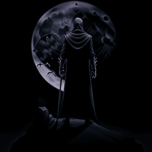 AI generated: The Grim Reaper standing alone facing forward, on a dark cliff with his scythe in his hand with the ...