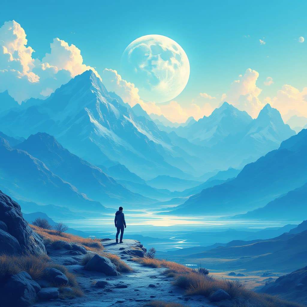 AI generated: person walking in big land with mountains in the background| inspired by Beeple| digital art| beauti...