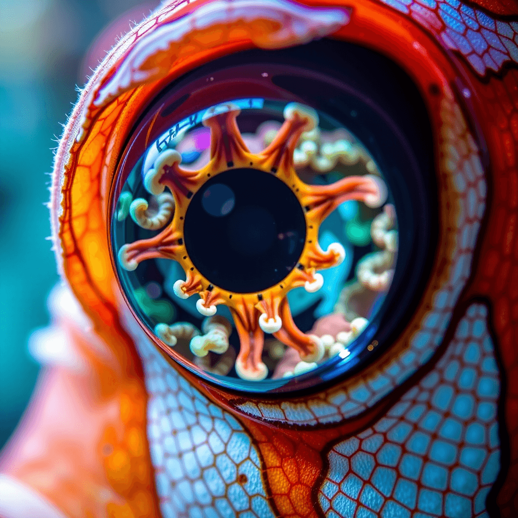 AI generated: Close-up of a fish eye reflecting a coral reef, with vibrant marine colors and underwater light dist...