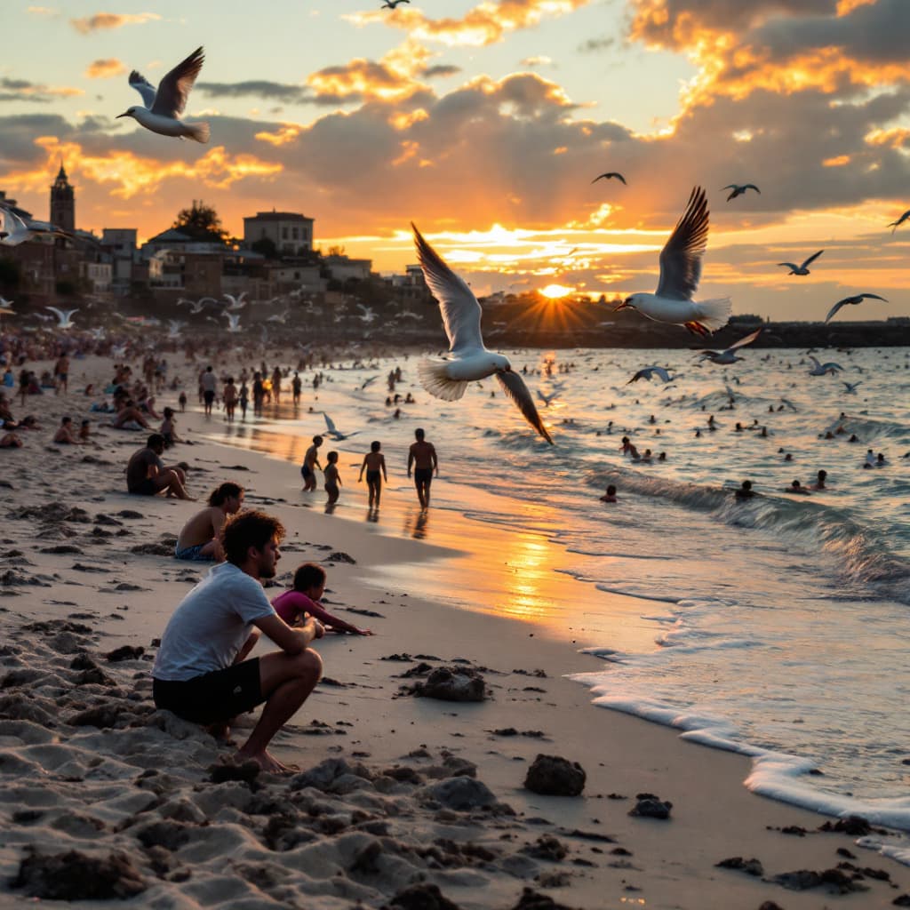 AI generated: Large sandy beach, seagulls in flight, lots of swimmers (some playing football), sunset