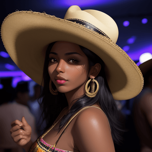 AI generated: WOMAN WITH BROWN SKIN, BLACK HAIR COLOR WITH MEXICAN CHARRO HAT IN A PARTY ENVIRONMENT IN THE CLUB
