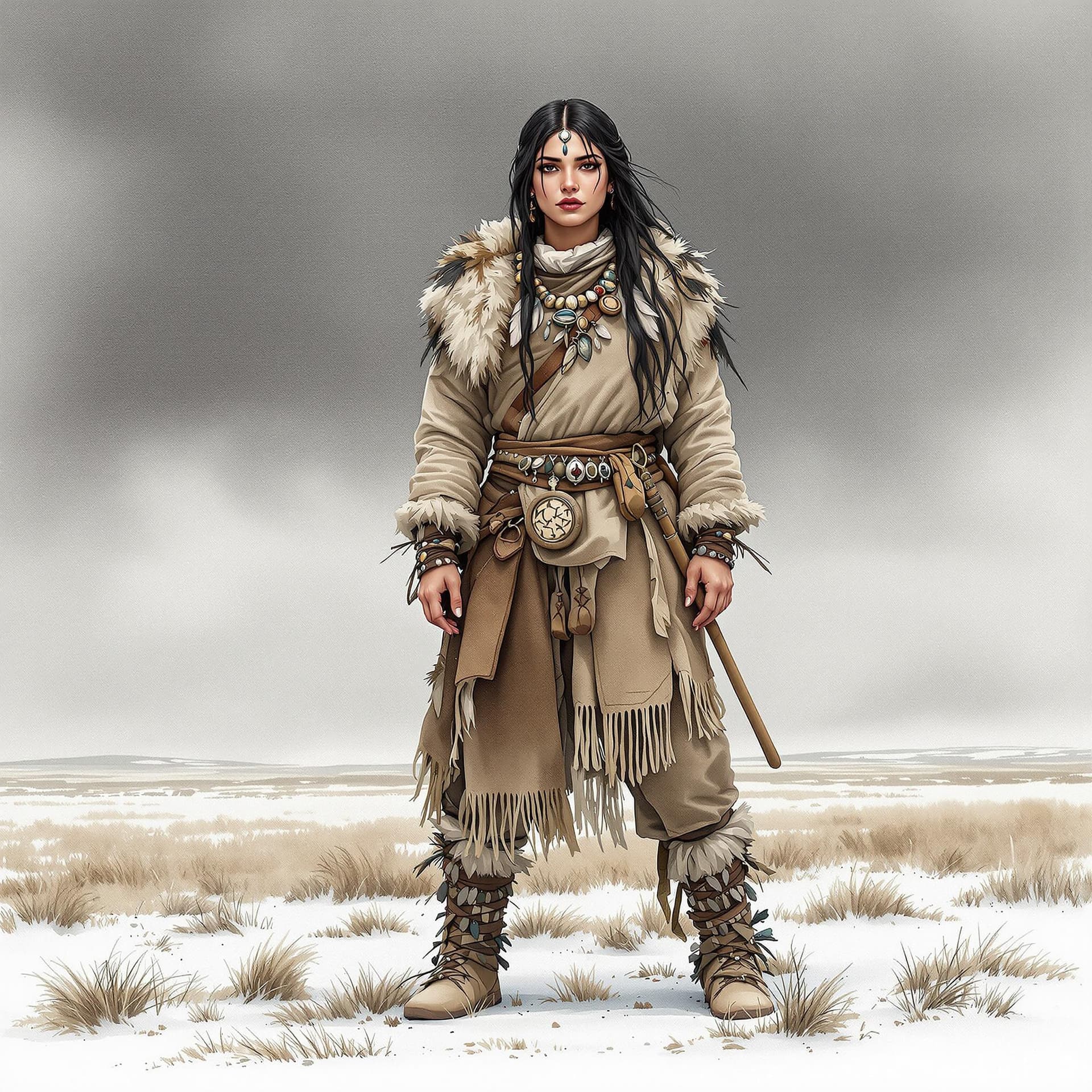 AI generated: Full body Illustration of an inuit woman, young, 18 years old, beautiful, native american phenotype,...
