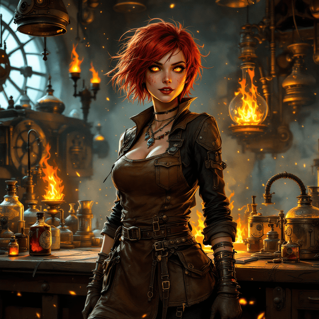 AI generated: 15. The Ember Alchemist: A passionate inventor with short, vibrant red hair styled in a messy and dy...