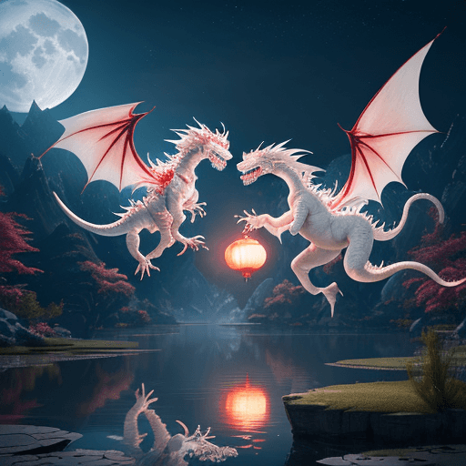 AI generated: Photo of a white chinese dragon, red chinese dragon, dancing together flying mid-air, beautiful moon...