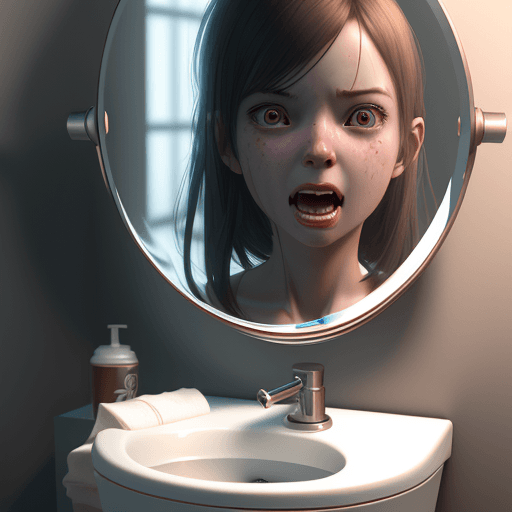 AI generated: a close up of a girl looking at her reflection in toilet mirror, screaming in shock,  a 3D render by...