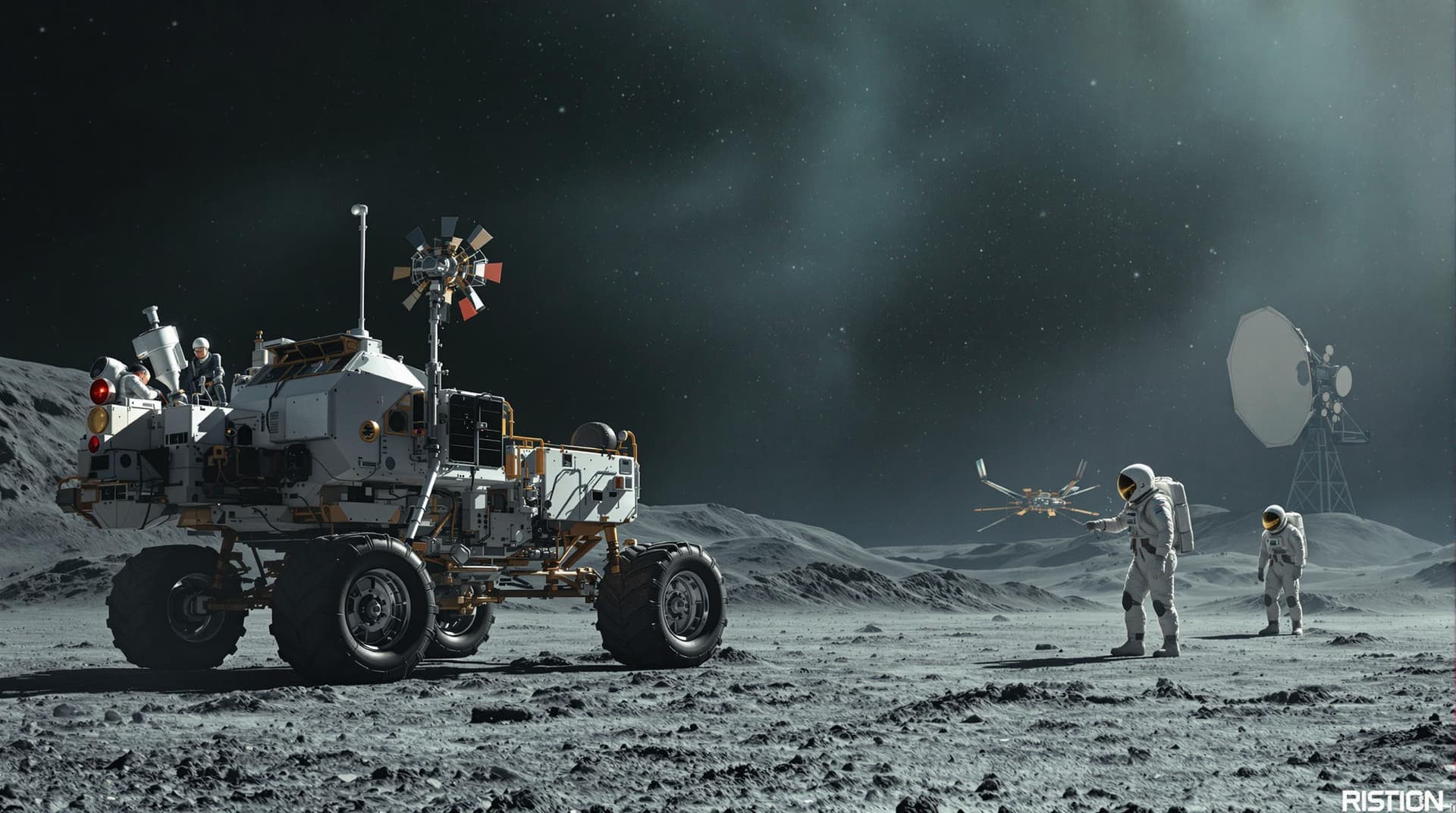 AI generated: Realistic shot of astronauts on the surface of a planet, with a lunar rover and space station in the...