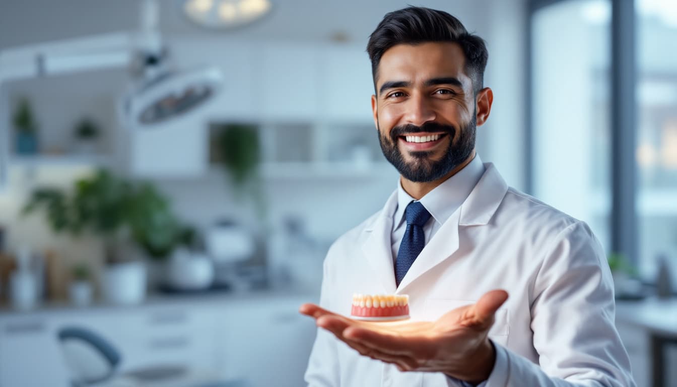 AI generated: A 35-year-old dentist with a short, well-groomed black beard and dark hair, wearing a white coat ove...