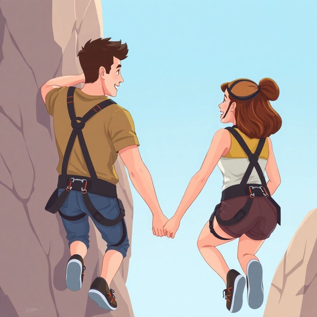 AI generated: Cartoon rendering of a A man and a woman, both light-skinned in their twenties, are positioned mid-r...
