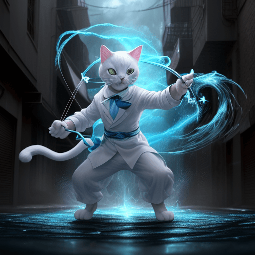 AI generated: an anthropomorphic cat wearing white linen is depicted in an action pose, swirling water with an arr...