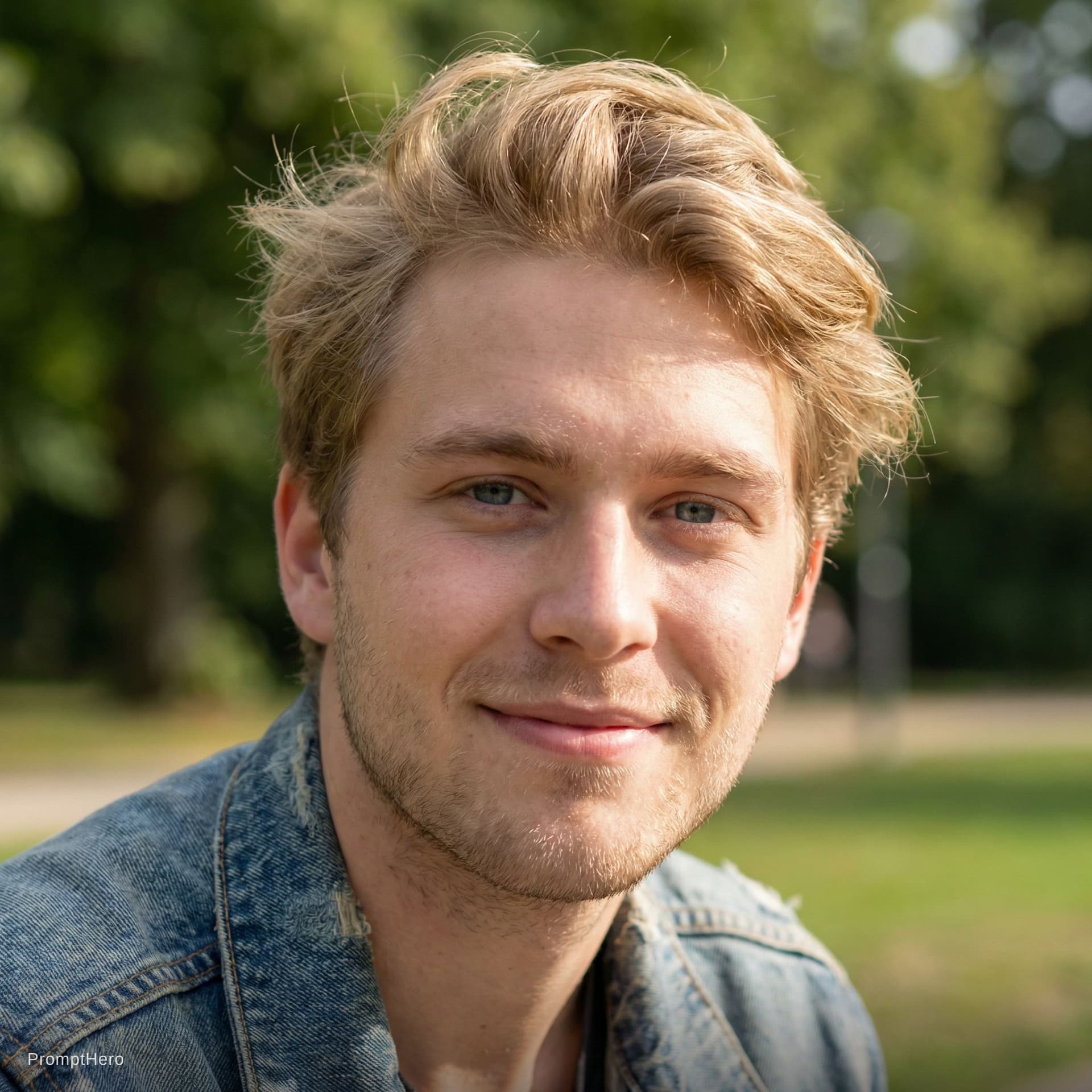 AI generated: close up face photo, 20-year-old handsome male with blond hair
