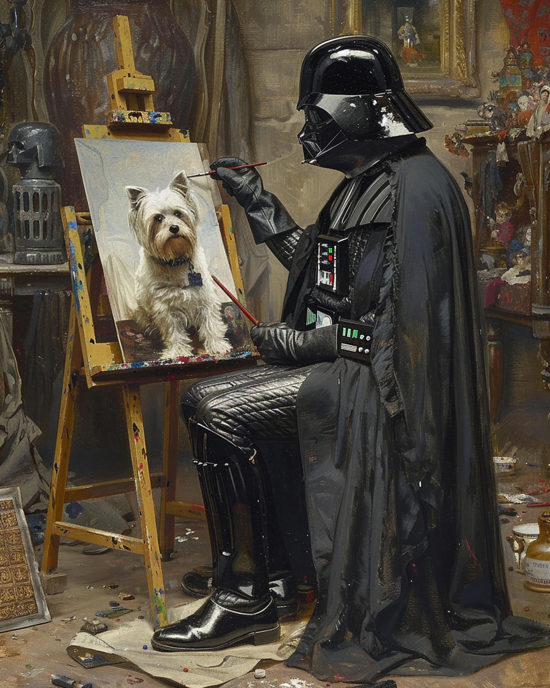 AI generated: In the style of Norman Rockwell illustration painting, Darth Vader sitting and painting a portrait o...