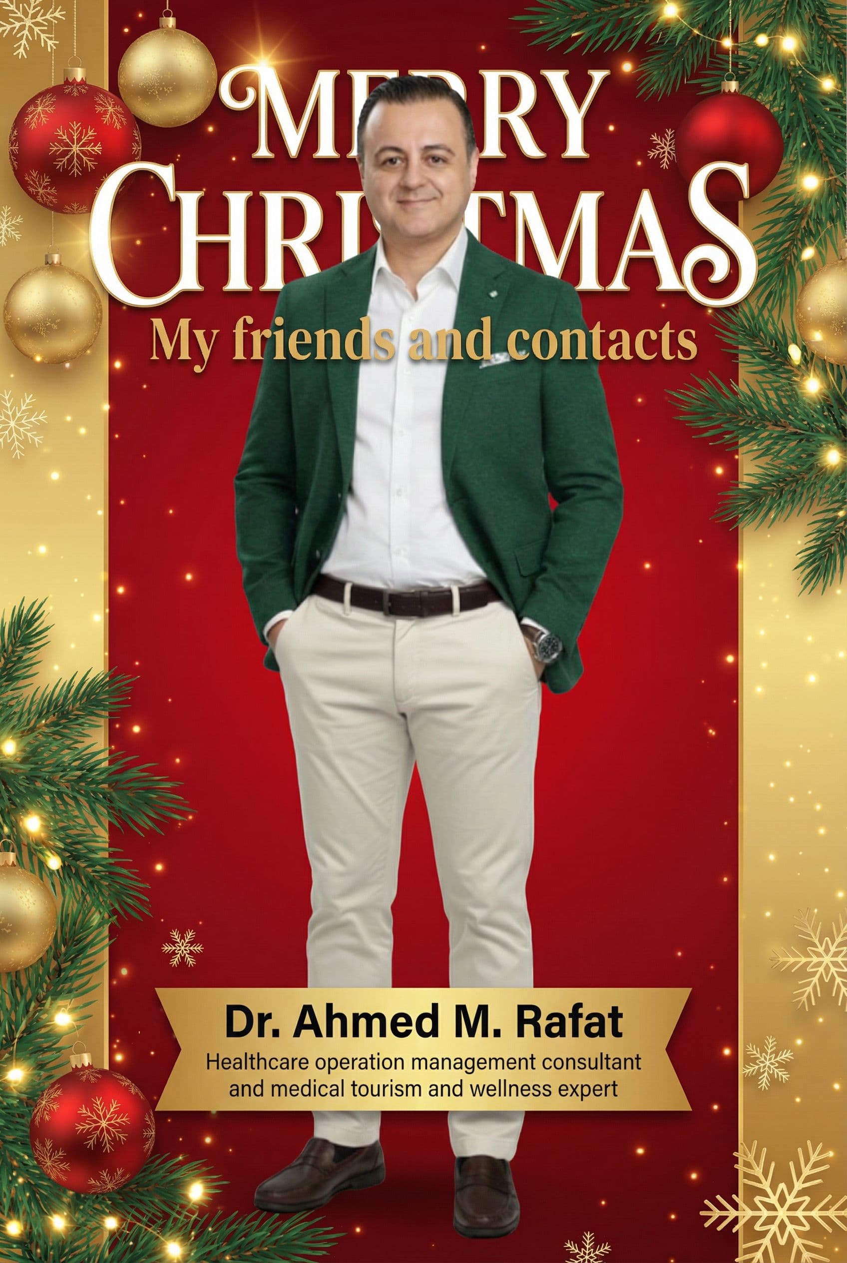 AI generated: i want a design for merry Christmas my friends and contacts on social media signed by name and posit...