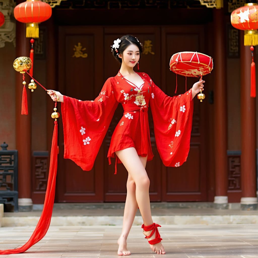 AI generated: Full body view of a beautiful corean woman, short black hair, flower in hair, Very short red flored ...