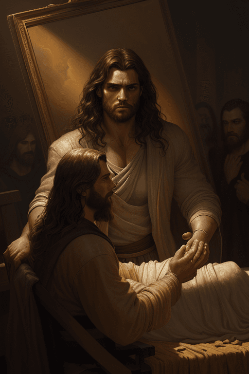 AI generated: breathtaking soft painting Jesus resurrects Lazarus, a golden sky, realistic oil painting - (impasto...
