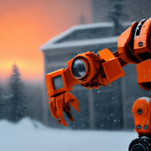 AI generated: post apocalypse, close up shots, lov angles, a orange robot, snowy, foggy