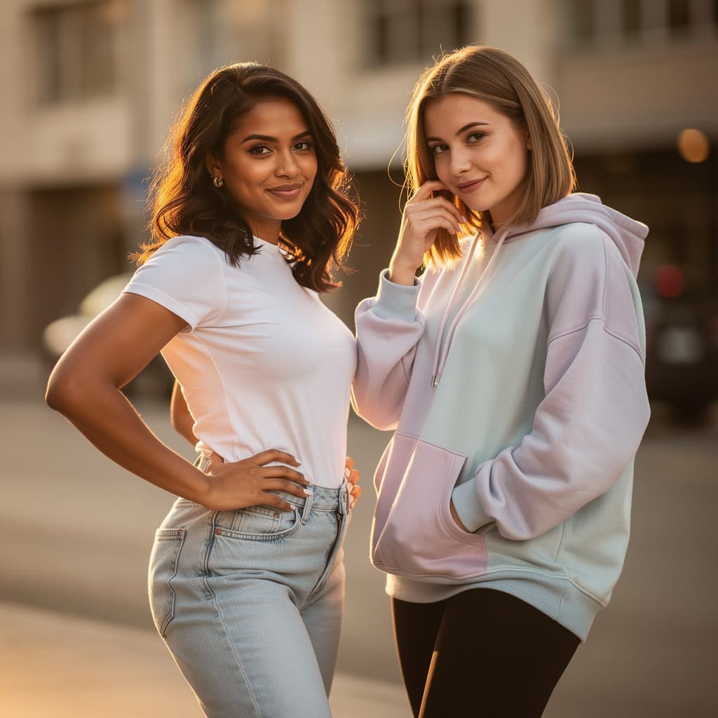 AI generated: A complete image of 2 girls having this clothes with different position