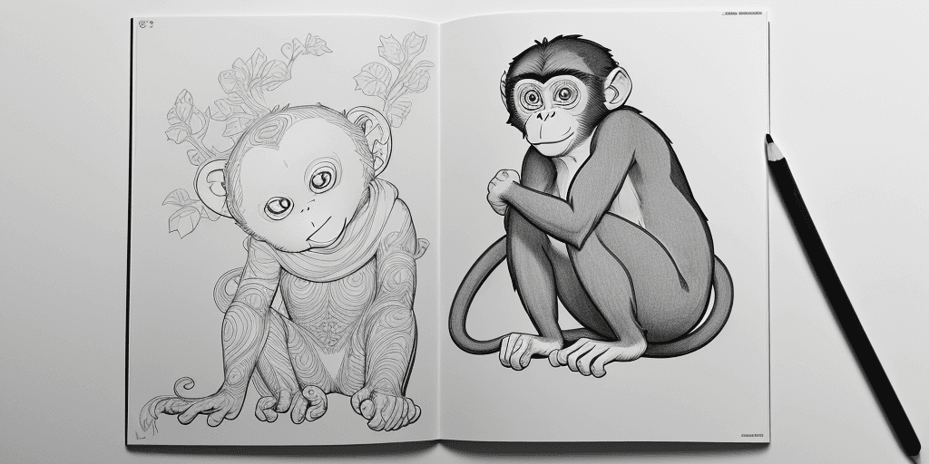 AI generated: monkey, black lines white background, clean simple line art, no background, clean coloring book page...