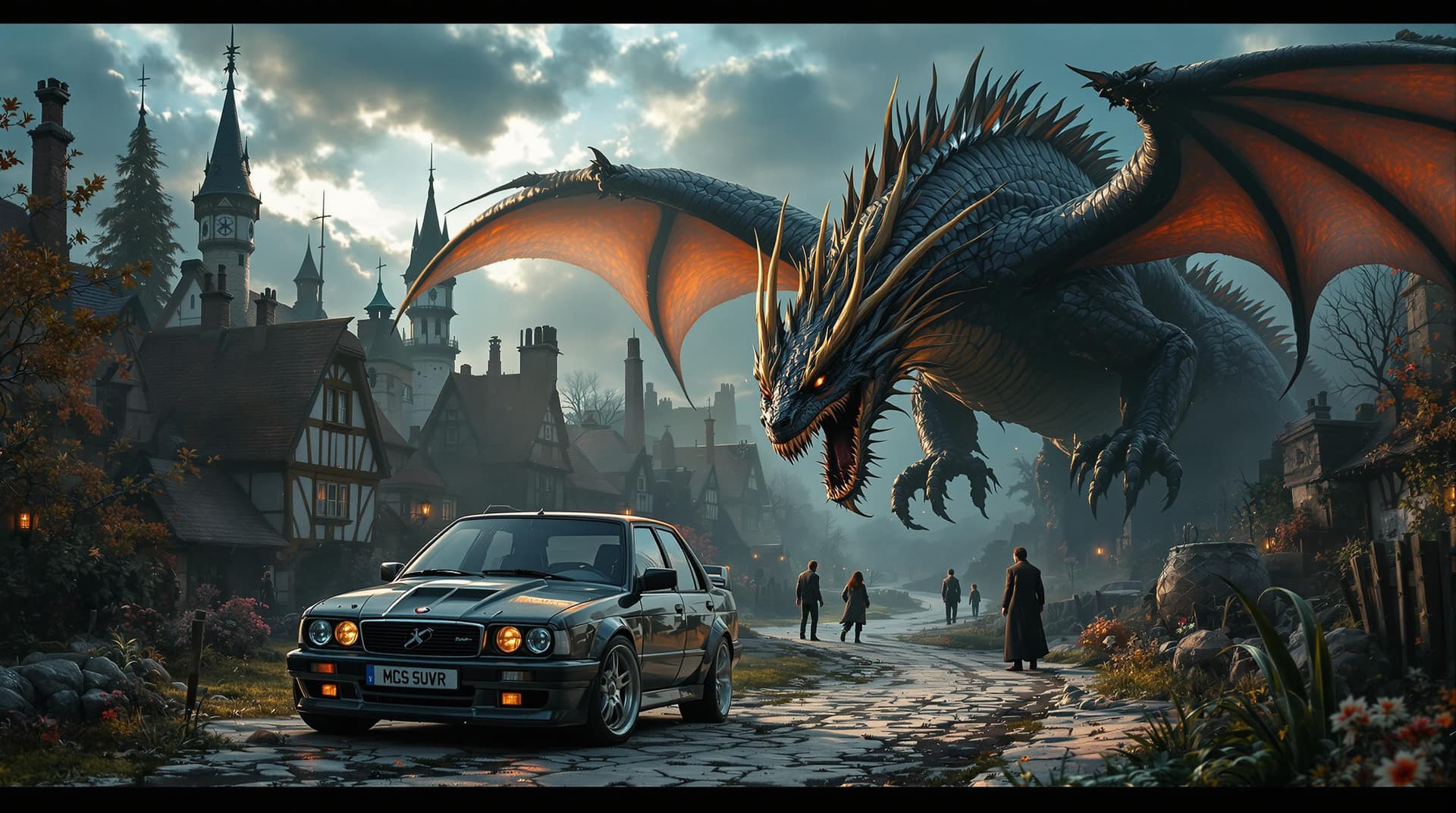 AI generated:  a scenerie,featuring a medieval village and habitant , with a dragon facing ,a car ,fearing the unu...
