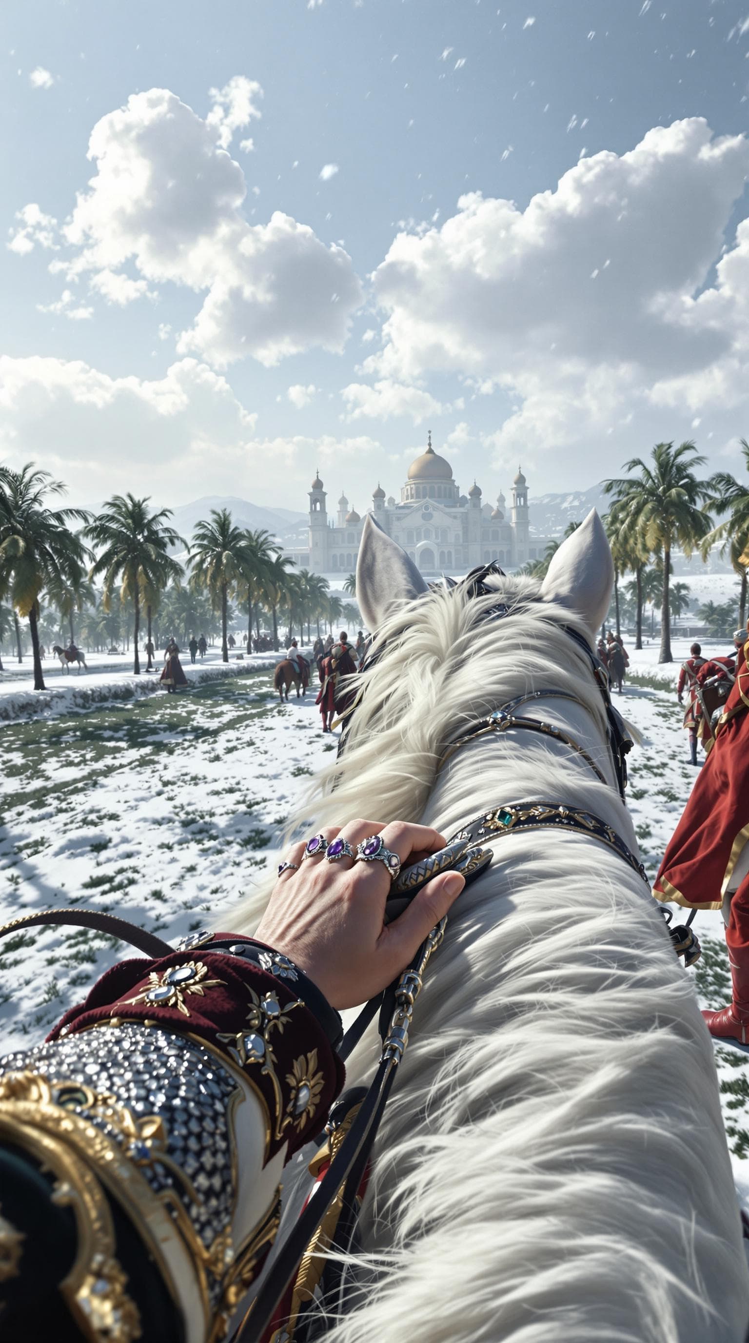 AI generated: First person POV, the male pale hands grip the reins of his majestic white horse, adorned with intri...