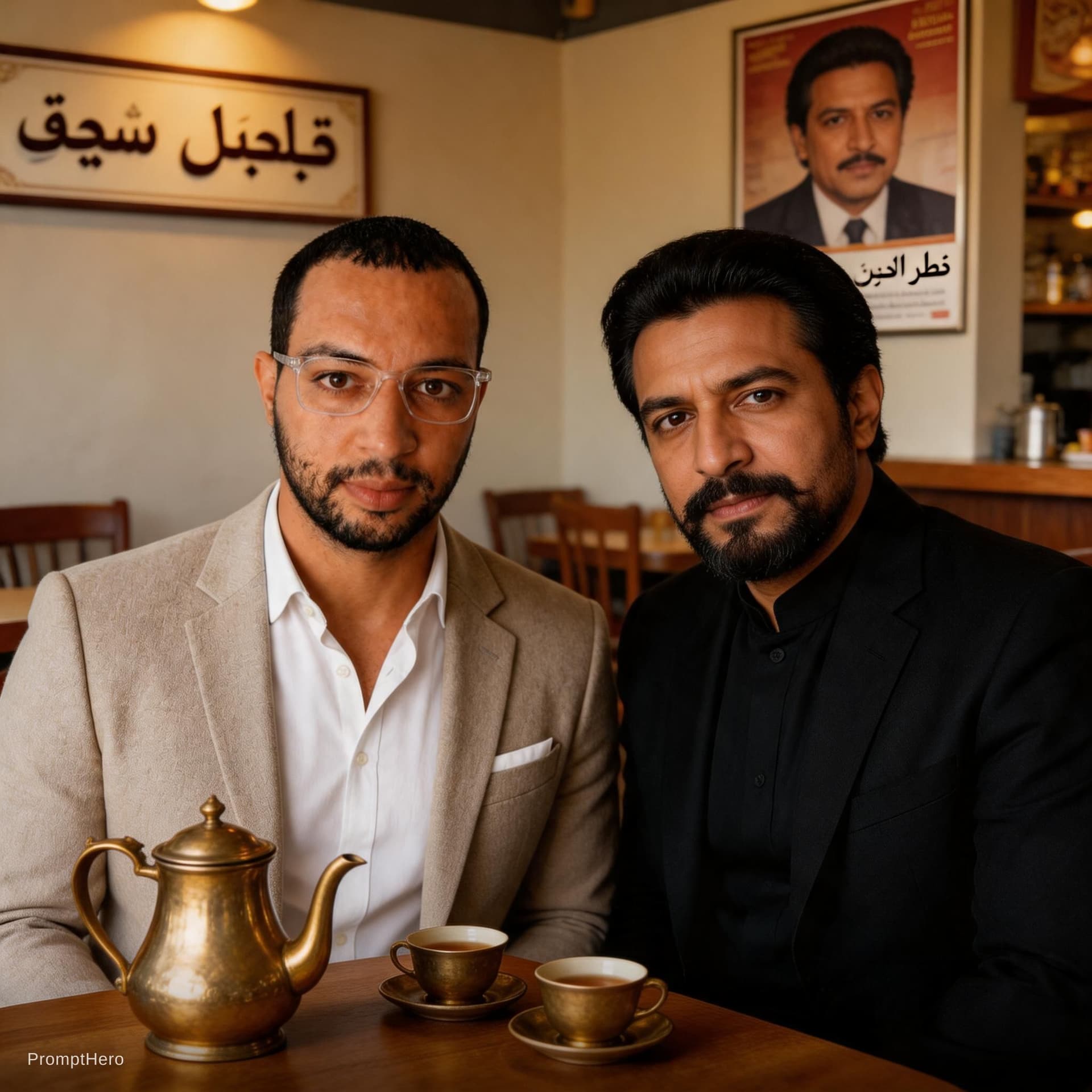 AI generated: بغيت  اكون معيا في هد الصورة المغني المصري فريد الاطرش . وجلسين في مقهى شعبية في مصر  .بيتصوير سينما