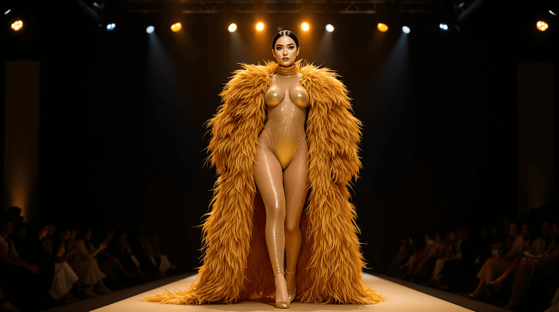 AI generated: A Stunning Curvy Elegant woman in a golden, feathered fashion show ensemble.  Full-length shot of a ...