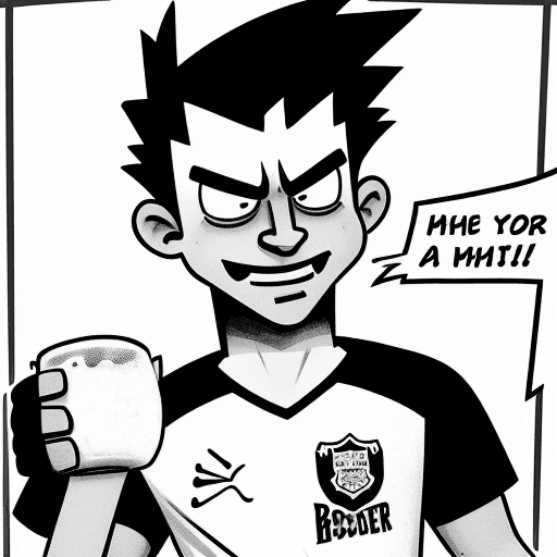 AI generated: a black and white cartoon, that illustrates a strong soccer Fan, who hold a beer in his hand