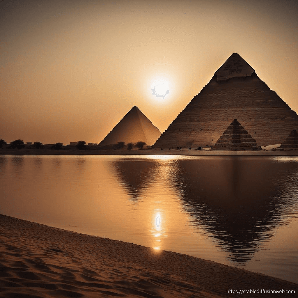 AI generated: Pyramids beside the Nile River between 2670 and 2500 BCE