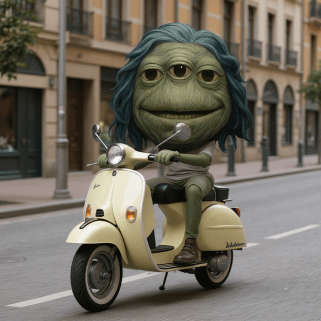 AI generated: can you make this character on a vespa through barcelona?