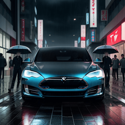 AI generated: Tesla Cyber car
No wheels 
cyberpunk city
Rainy crowded Japan Street