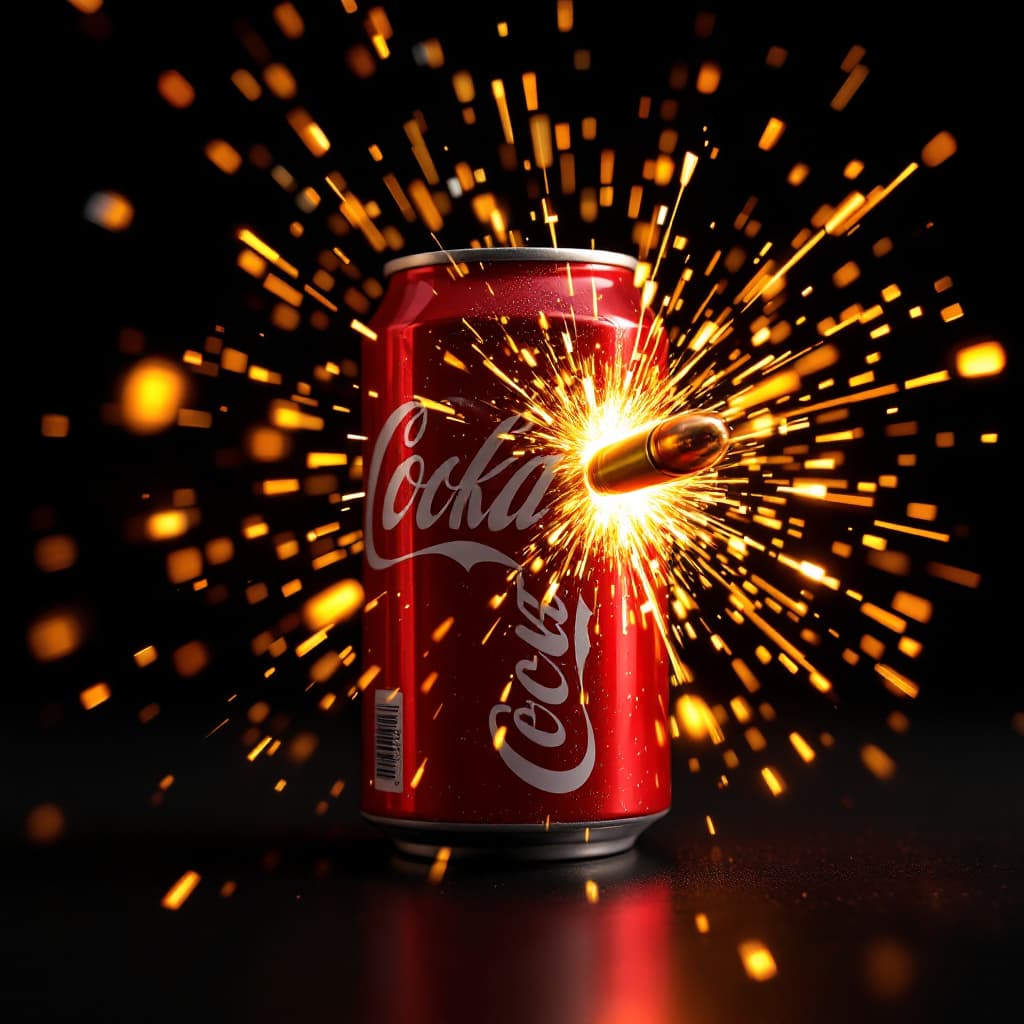 AI generated: t. Hyperrealistic foto. --ar 9:16   OF A COKE CAN WITH A BULLET SHOOTING THROUGHT THE SIDE AT HIGH S...