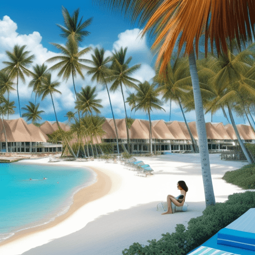 AI generated: (photorealistic shot of a beach with an Argentine bikini model posing), (scene is a poolside area of...