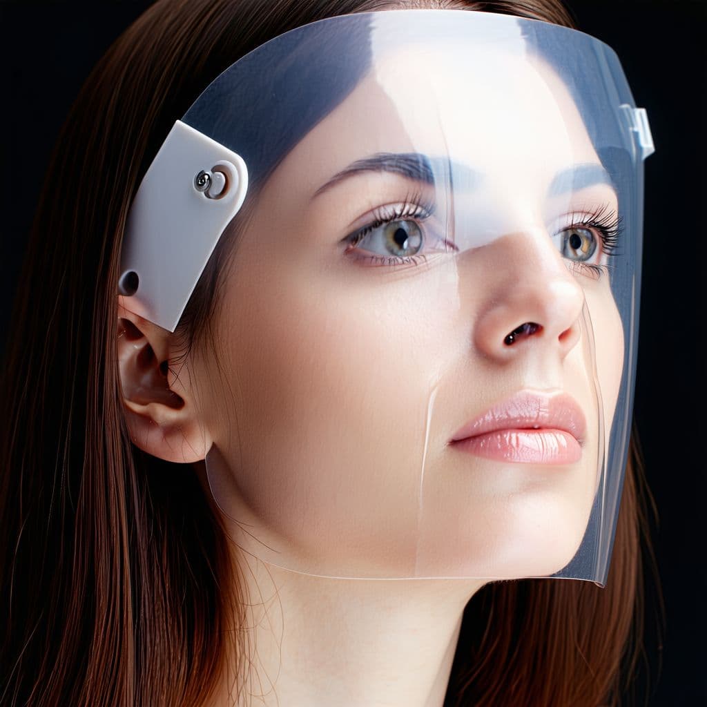 AI generated: A woman with brown hair and white skin, her face covered in clear plastic. The mask is transparent, ...