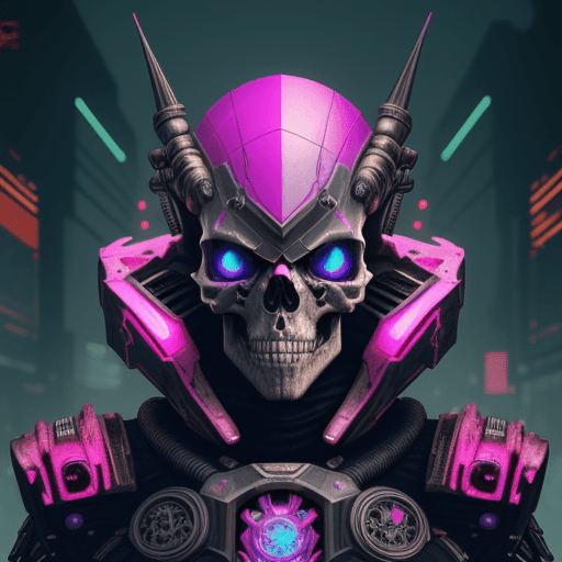 AI generated: digital drawing of cyberpunk skull with armor, maximalist thing detailing, colorful, vibrant, --ar 9...