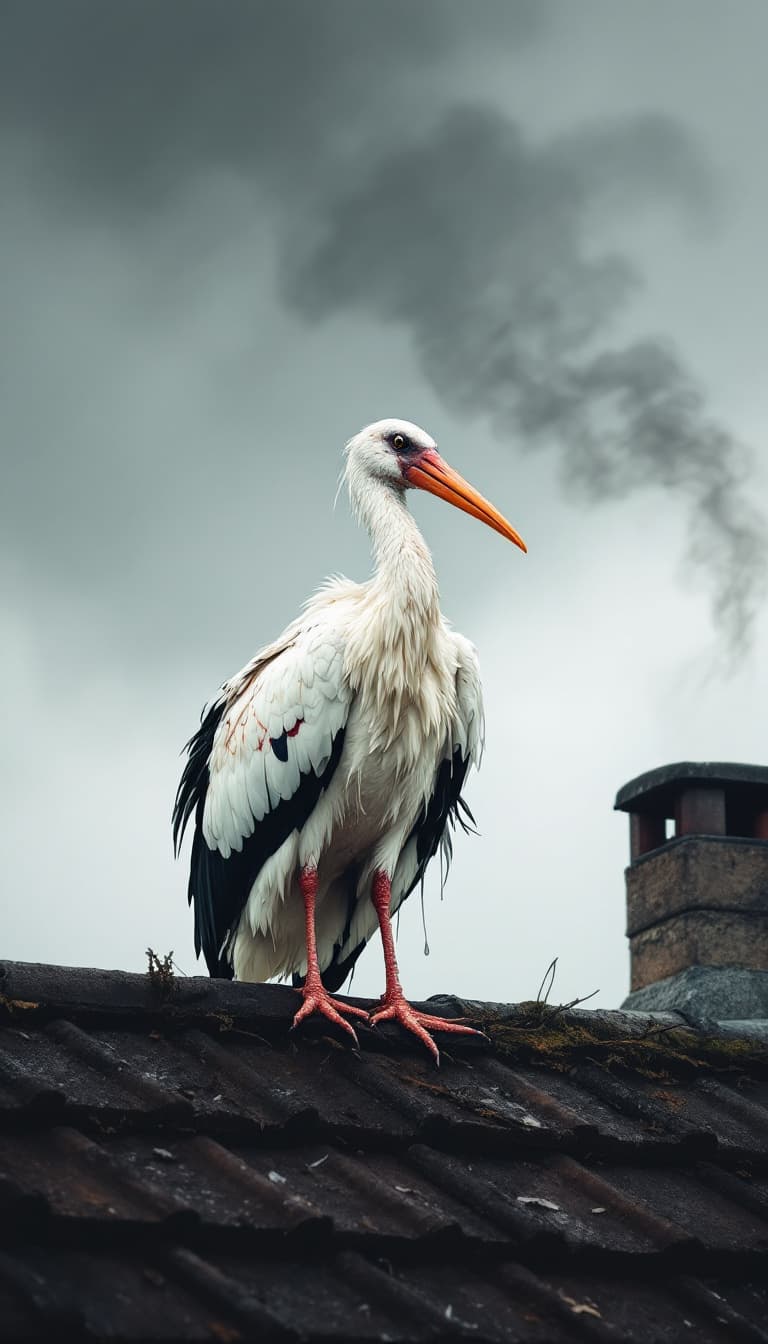 AI generated: The white stork with disheveled feathers and a wound on its left wing sits on the slanted roof of a ...